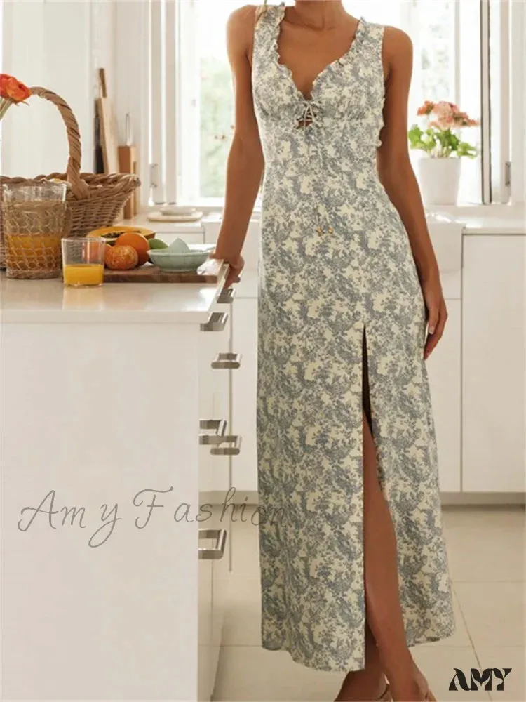 Amy Fashion - Retro Women Floral Print  Sleeveless V Neck Front Lace-up High Split Spring Summer Backless Vestidos