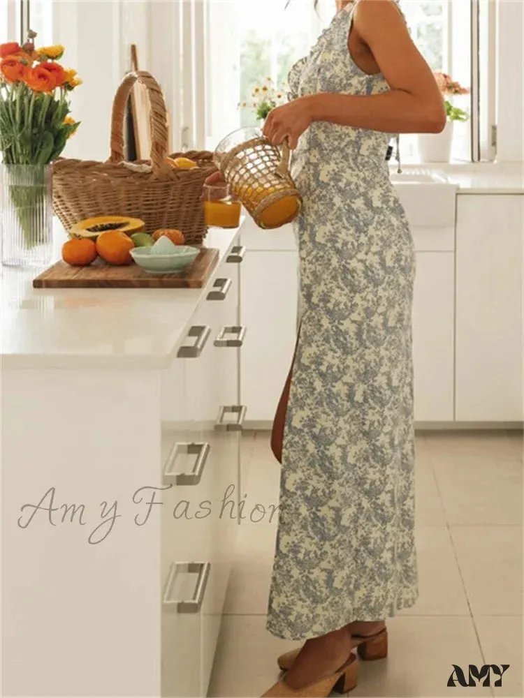 Amy Fashion - Retro Women Floral Print  Sleeveless V Neck Front Lace-up High Split Spring Summer Backless Vestidos