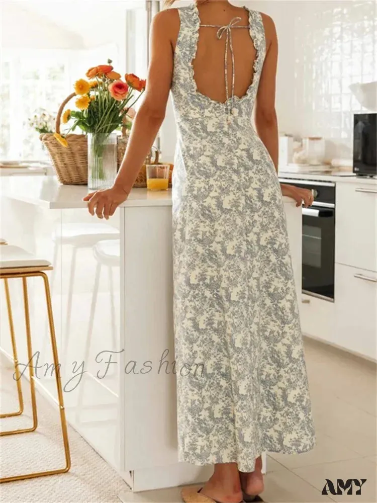 Amy Fashion - Retro Women Floral Print  Sleeveless V Neck Front Lace-up High Split Spring Summer Backless Vestidos
