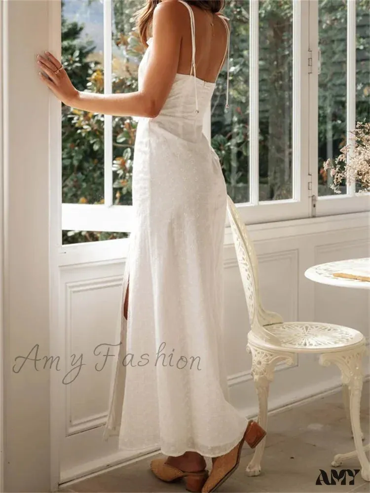 Amy Fashion - Women Summer  Sling Sleeveless High Split Hollow Out Tie Up Lace Trim Party Beach Female Vestido
