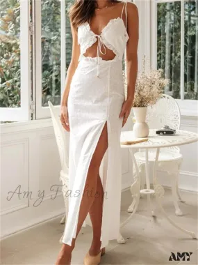 Amy Fashion - Women Summer  Sling Sleeveless High Split Hollow Out Tie Up Lace Trim Party Beach Female Vestido