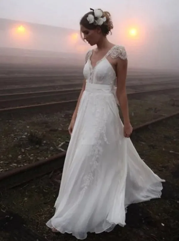 Beach Chiffon Lace Wedding Dresses,Romantic Wedding Dress with Sash,WD00312