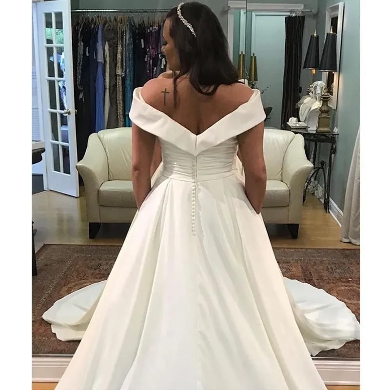 Beautiful Satin Off Shoulder Wedding Dress with Chapel Train