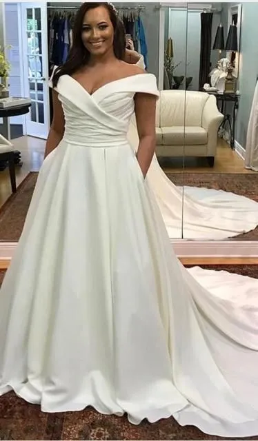 Beautiful Satin Off Shoulder Wedding Dress with Chapel Train