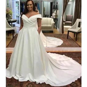 Beautiful Satin Off Shoulder Wedding Dress with Chapel Train
