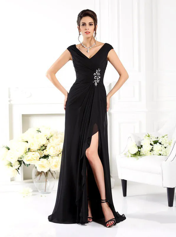 Black Mother of the Bride Dresses with Slit,V-neck Chiffon Mother Dress,MD00065