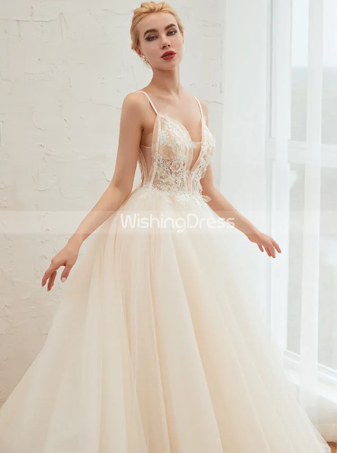 Boho Wedding Dresses with Spaghetti Straps,Long Train Bridal Dress,WD00484