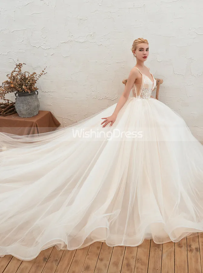 Boho Wedding Dresses with Spaghetti Straps,Long Train Bridal Dress,WD00484
