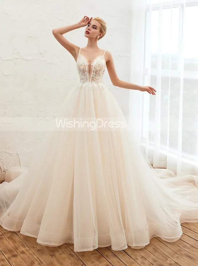 Boho Wedding Dresses with Spaghetti Straps,Long Train Bridal Dress,WD00484