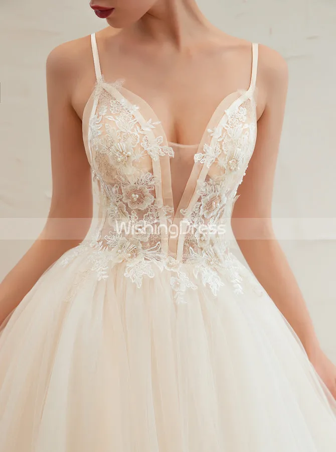 Boho Wedding Dresses with Spaghetti Straps,Long Train Bridal Dress,WD00484