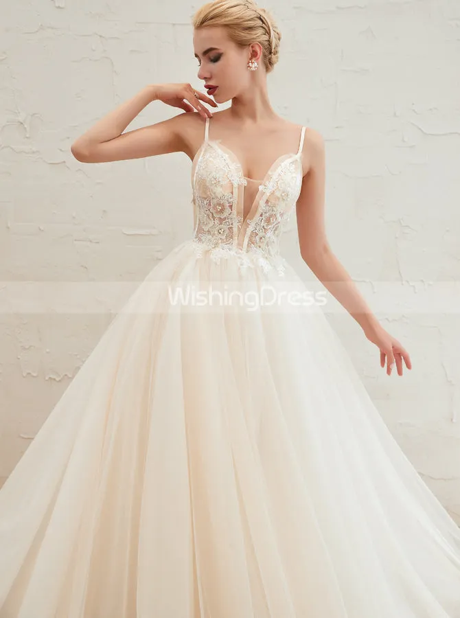 Boho Wedding Dresses with Spaghetti Straps,Long Train Bridal Dress,WD00484