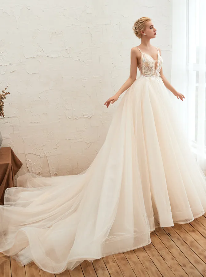 Boho Wedding Dresses with Spaghetti Straps,Long Train Bridal Dress,WD00484