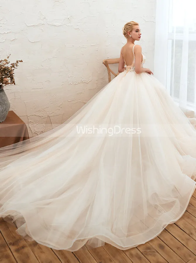 Boho Wedding Dresses with Spaghetti Straps,Long Train Bridal Dress,WD00484