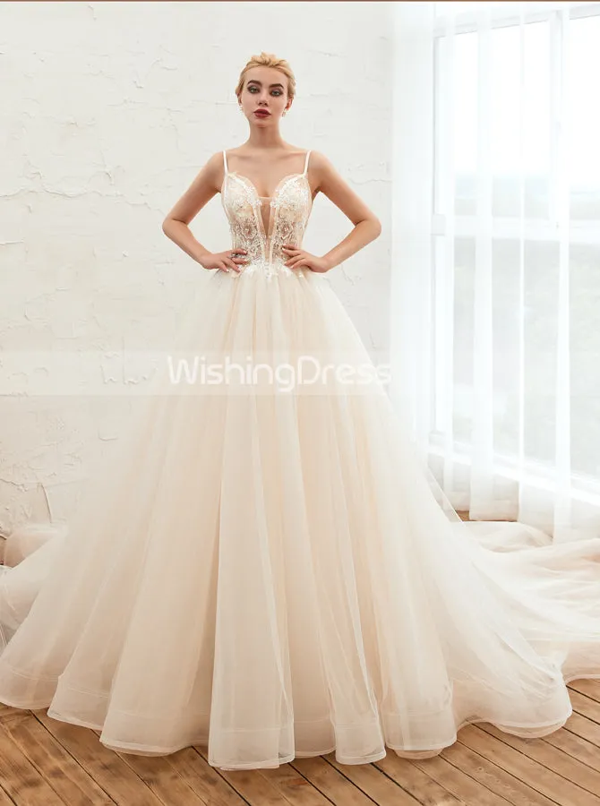 Boho Wedding Dresses with Spaghetti Straps,Long Train Bridal Dress,WD00484