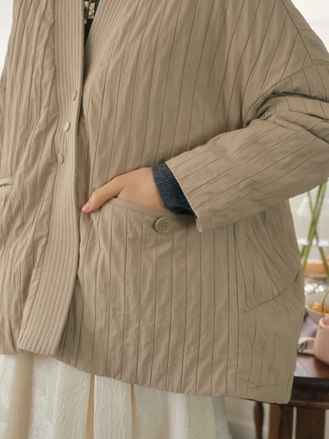 Emi Collarless Pocket Down Jacket - Off-white