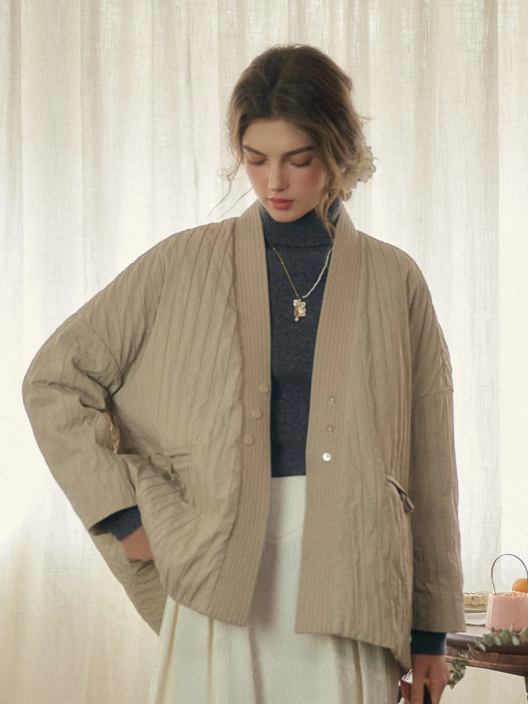 Emi Collarless Pocket Down Jacket - Off-white
