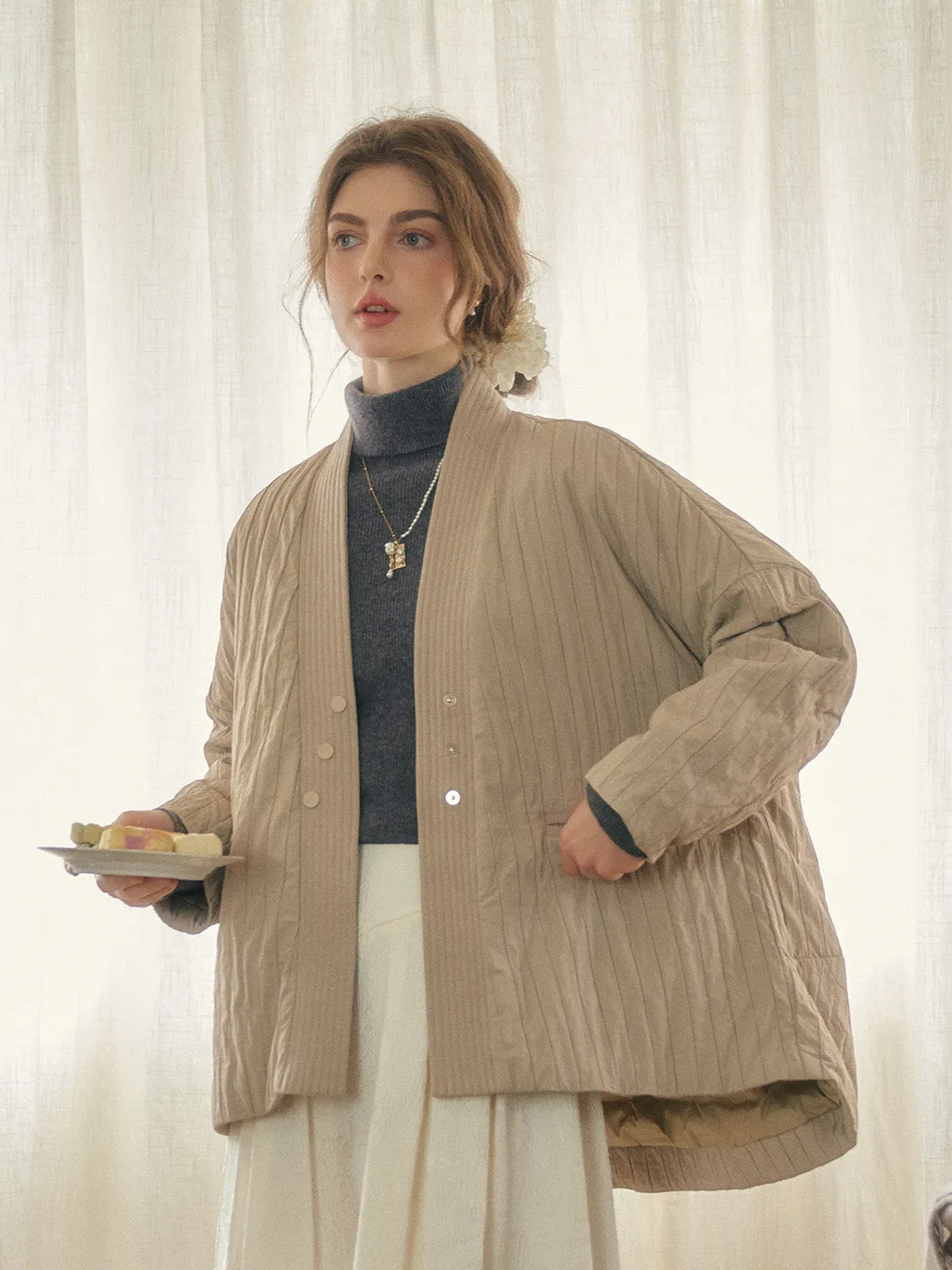 Emi Collarless Pocket Down Jacket - Off-white