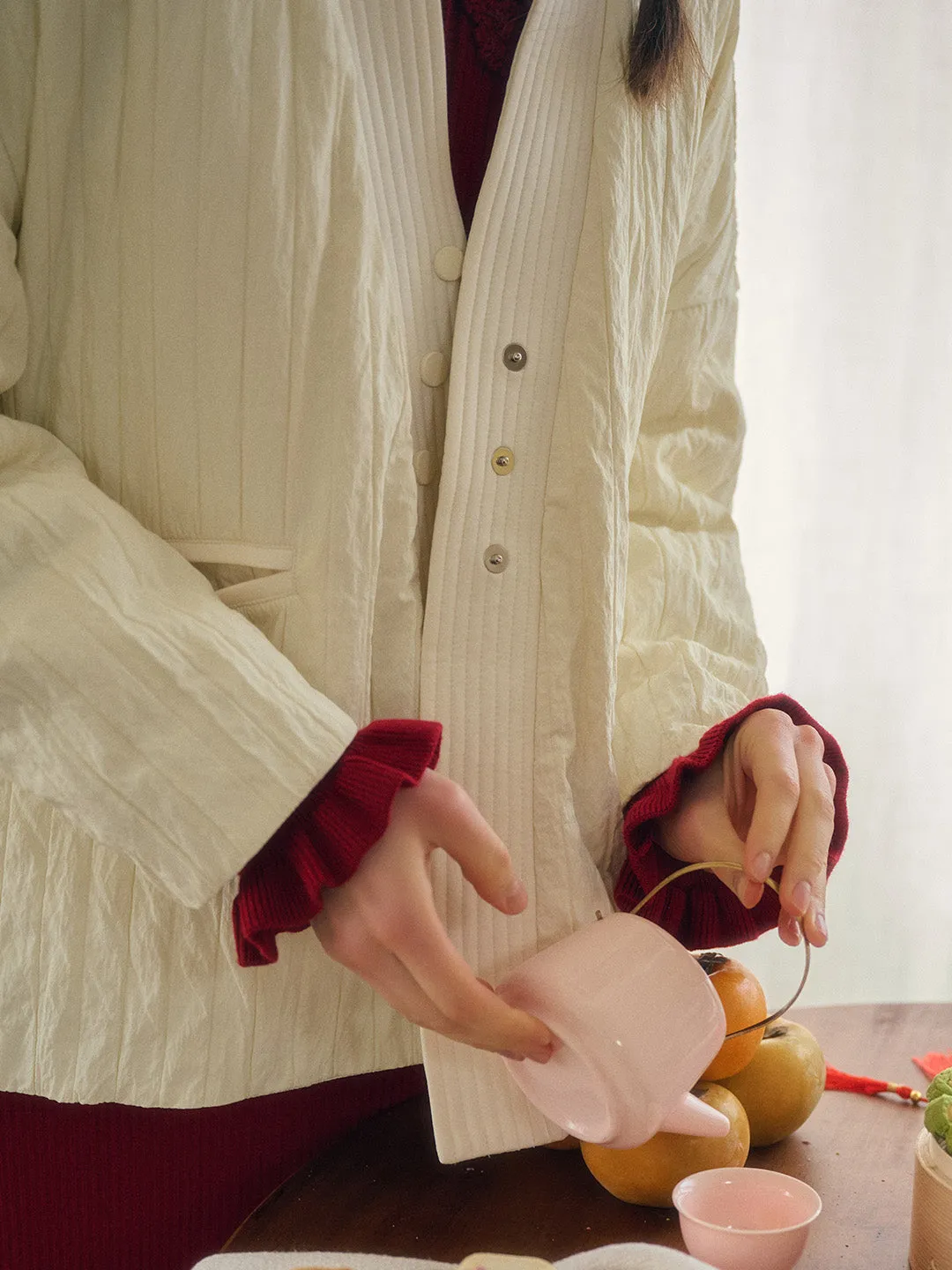 Emi Collarless Pocket Down Jacket - Off-white