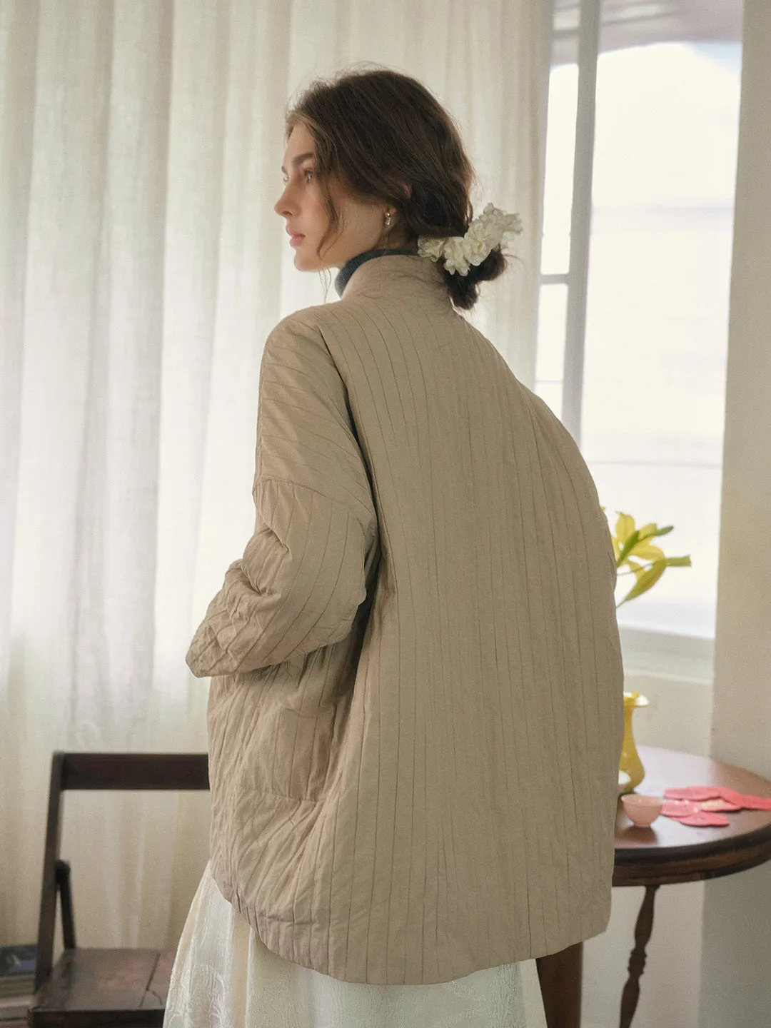 Emi Collarless Pocket Down Jacket - Off-white
