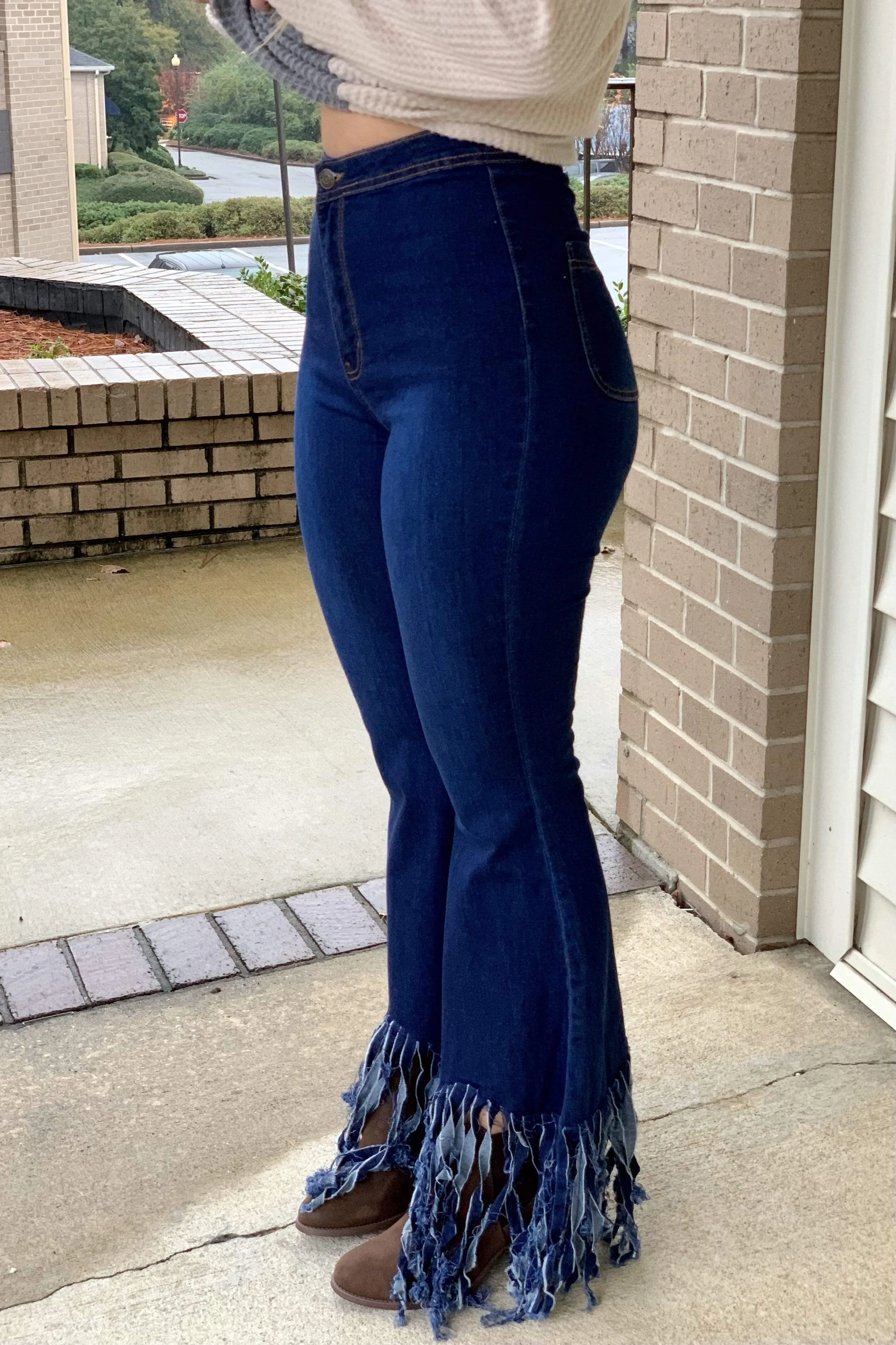 Frayed/Fringe Bottom Bell/Flare Denim Jeans
