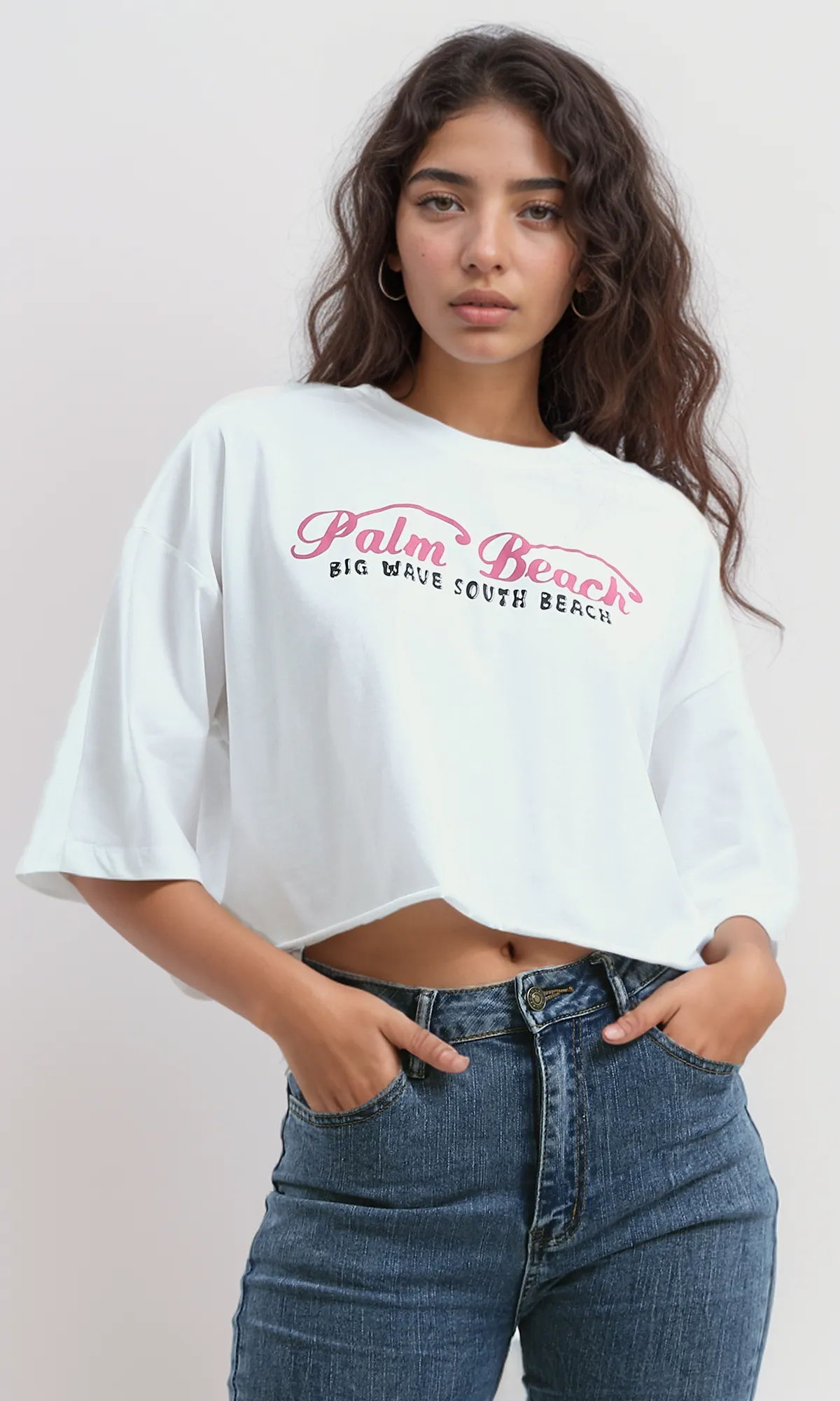 O191024 Printed "Palm Beach" Slip On Cotton Elbow-Sleeves Tee