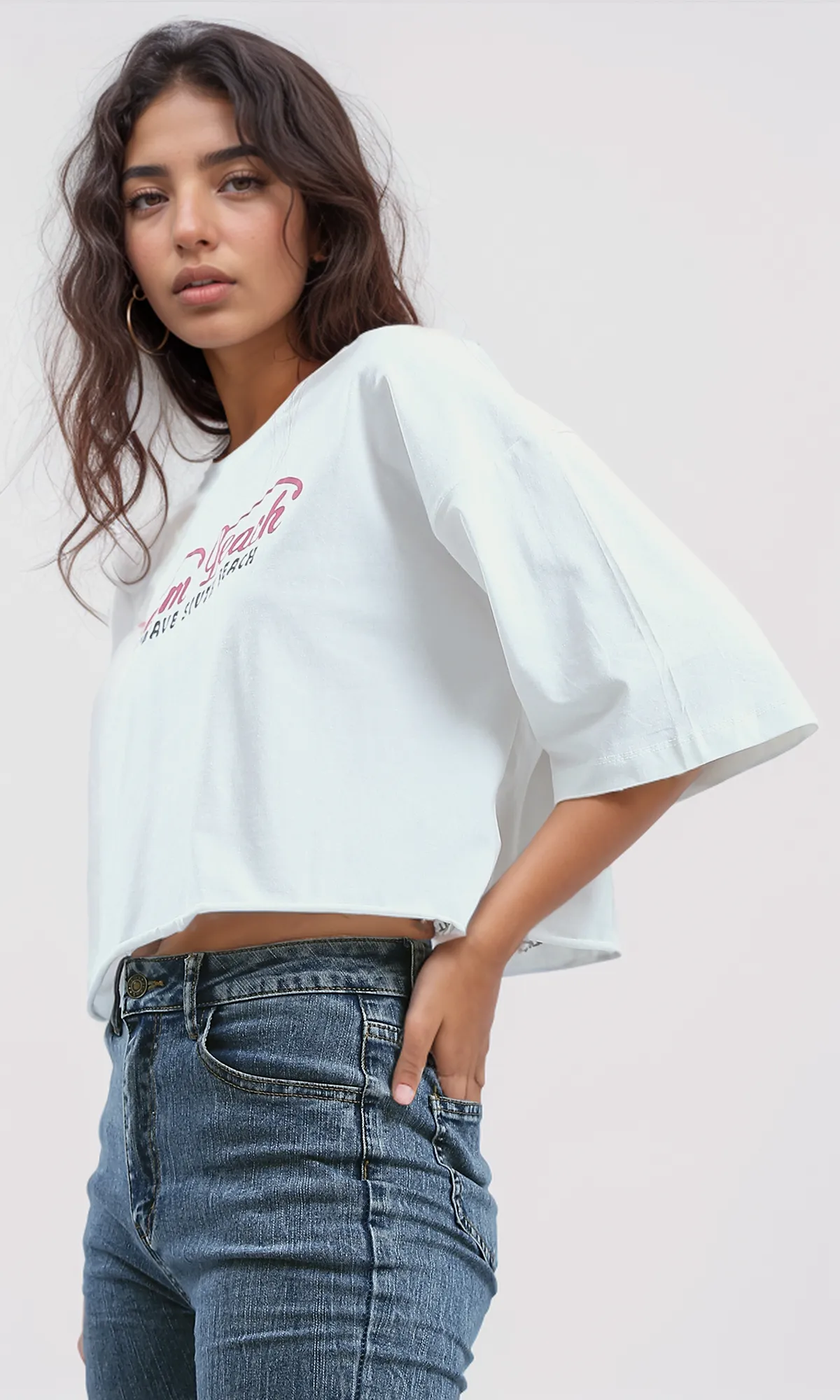 O191024 Printed "Palm Beach" Slip On Cotton Elbow-Sleeves Tee
