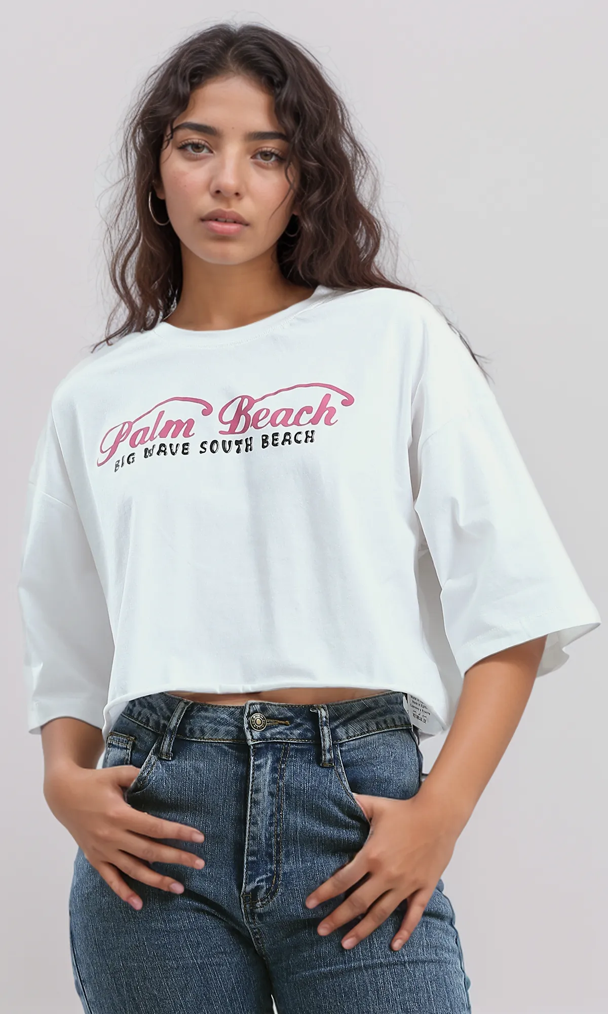 O191024 Printed "Palm Beach" Slip On Cotton Elbow-Sleeves Tee
