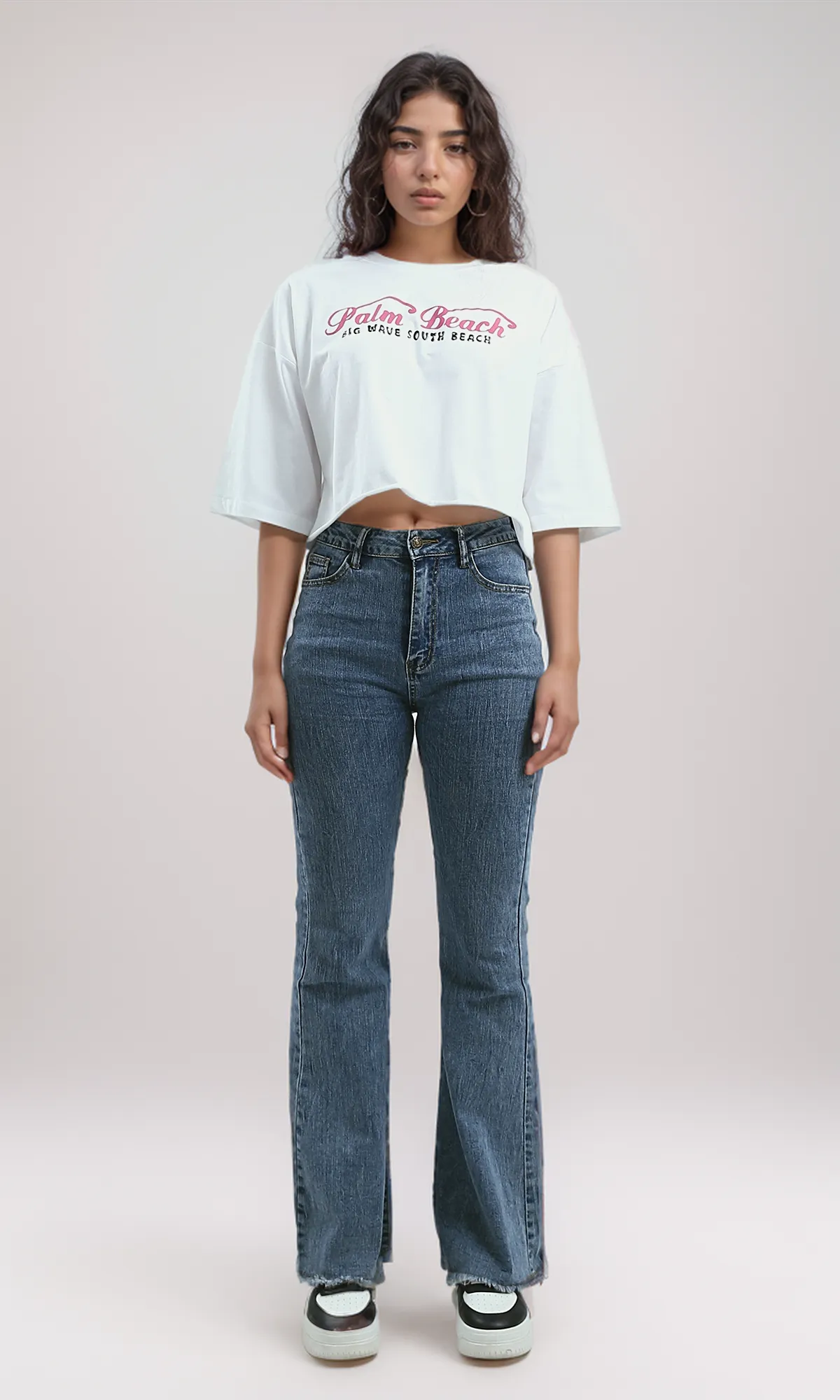 O191024 Printed "Palm Beach" Slip On Cotton Elbow-Sleeves Tee