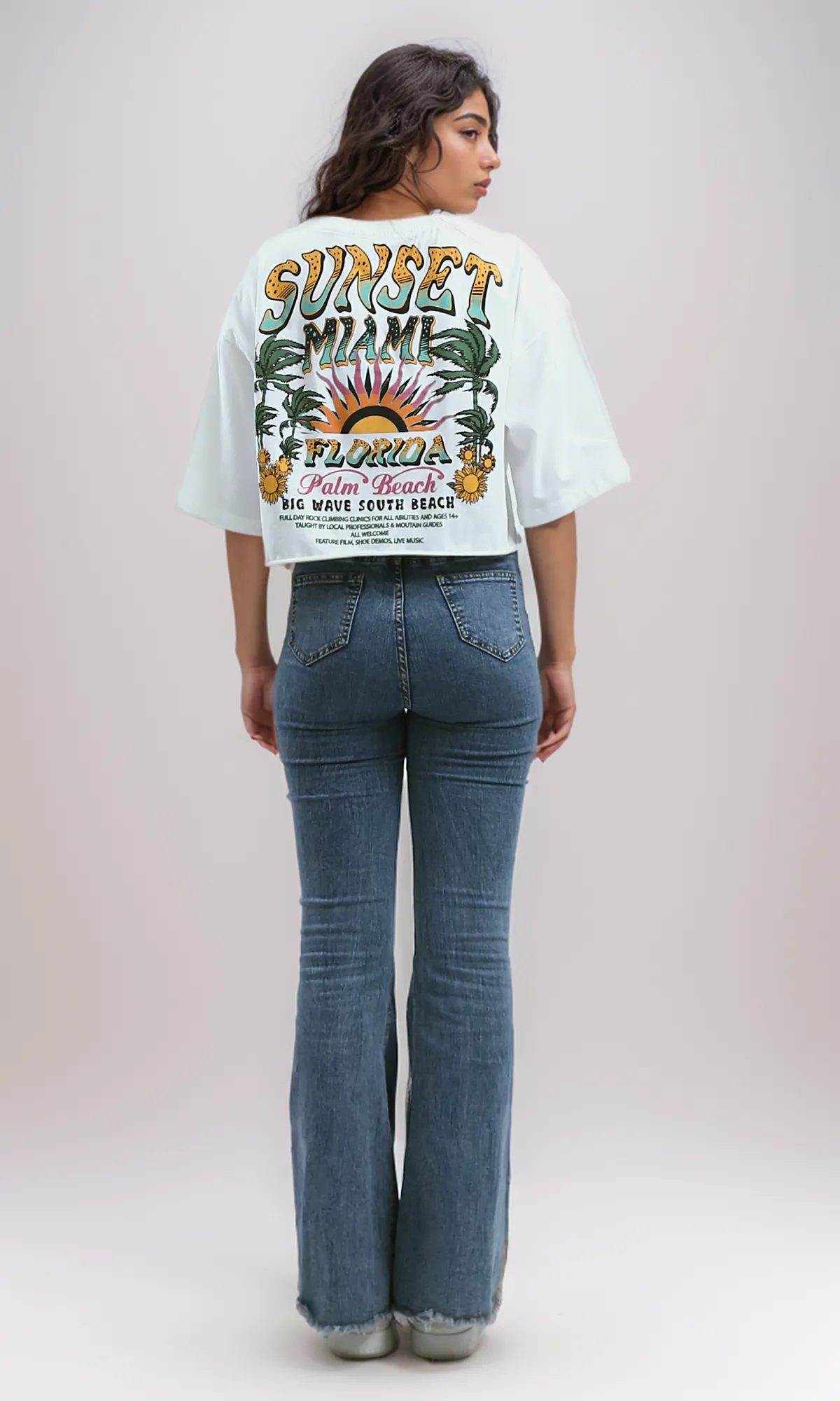 O191024 Printed "Palm Beach" Slip On Cotton Elbow-Sleeves Tee