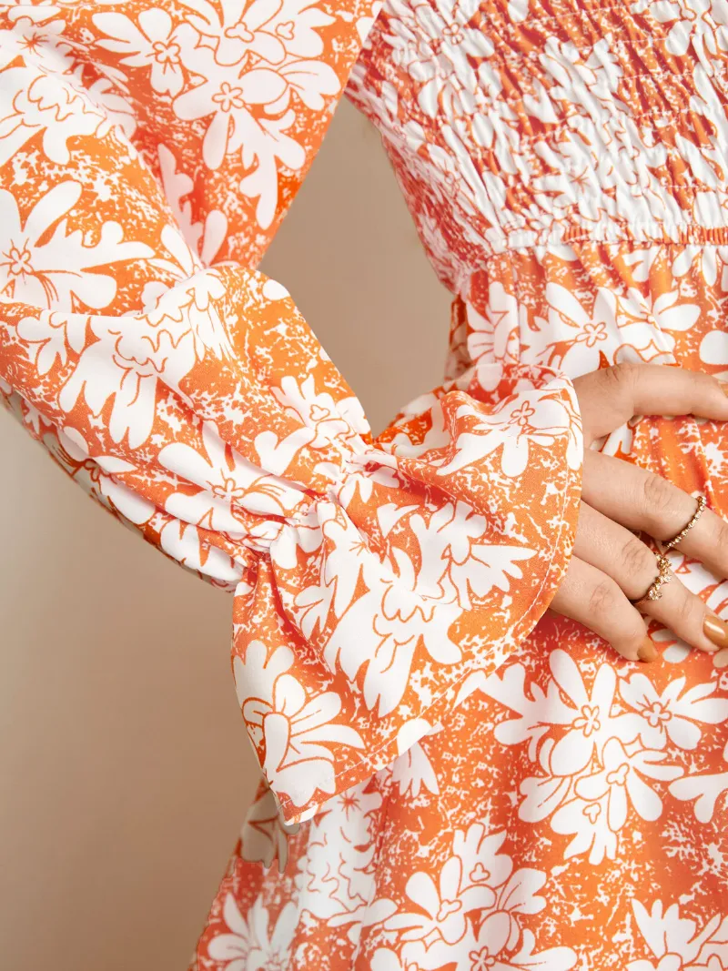 Plus Size Square Neck Floral Print Shirring Backless Dress