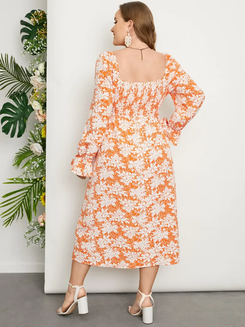 Plus Size Square Neck Floral Print Shirring Backless Dress