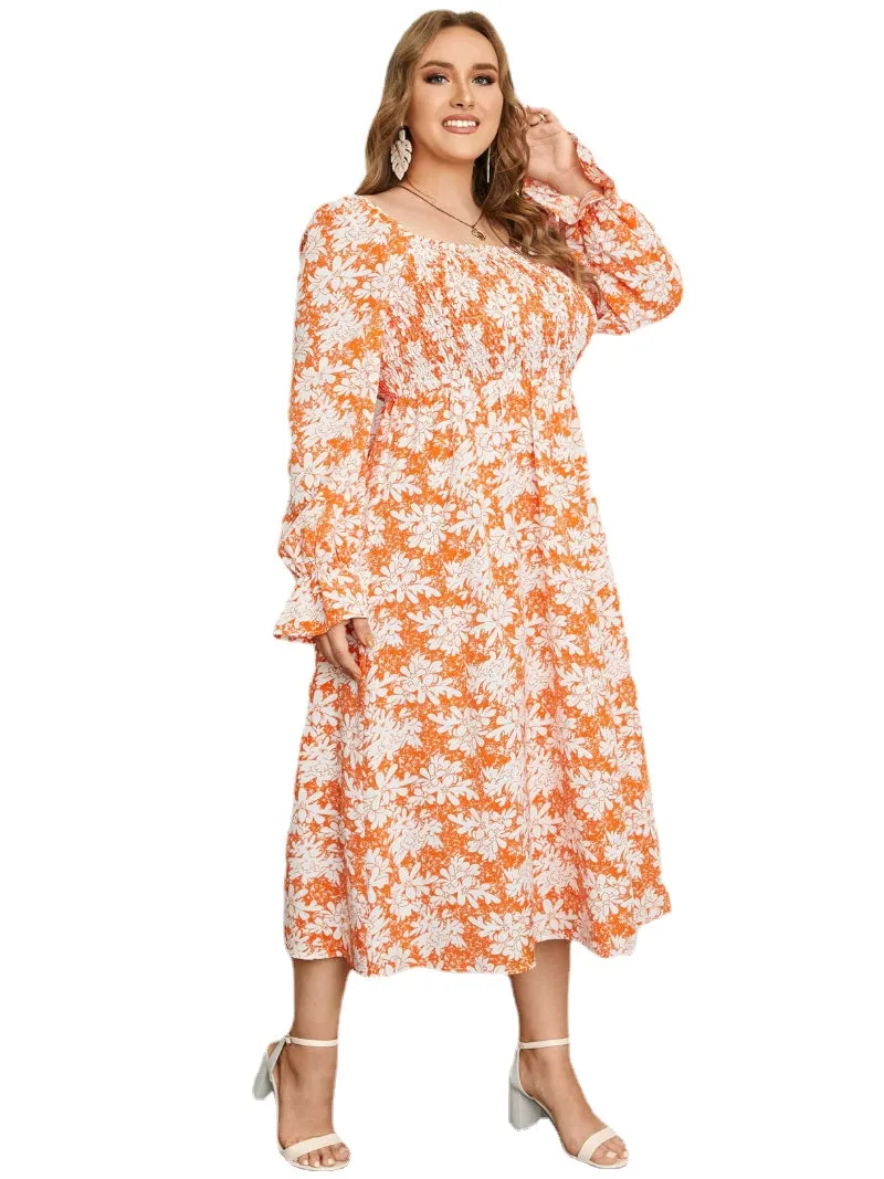 Plus Size Square Neck Floral Print Shirring Backless Dress