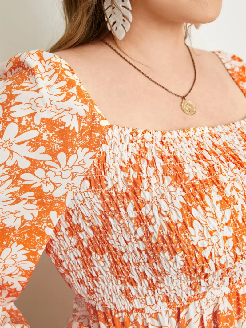 Plus Size Square Neck Floral Print Shirring Backless Dress